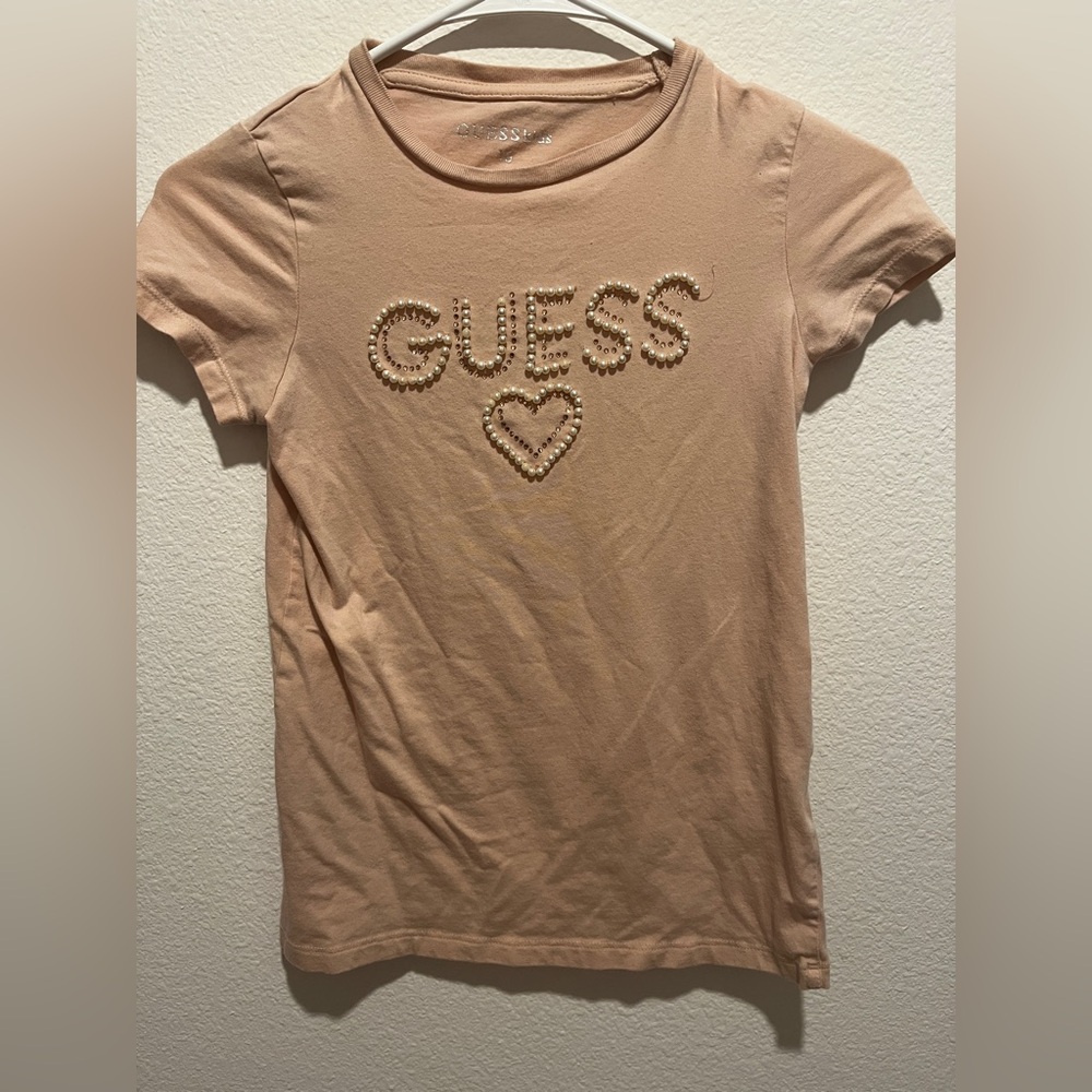 Guess Light Pink Tee with Pearl Embellishments
